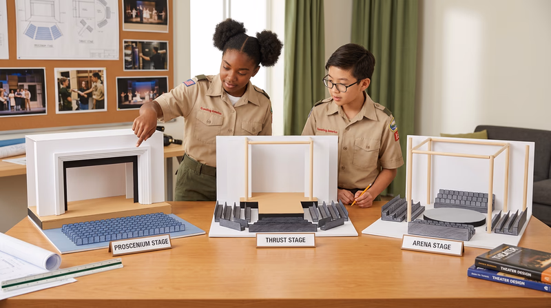 A simple diagram showing three stage types side by side — proscenium, thrust, and arena — with the audience area shaded and the stage clearly labeled in each