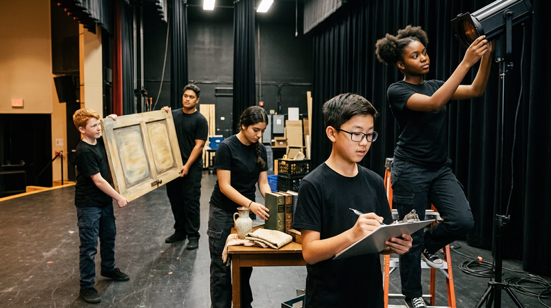 A team of teenage crew members working together backstage, one holding a clipboard, another adjusting a light, all wearing black crew shirts
