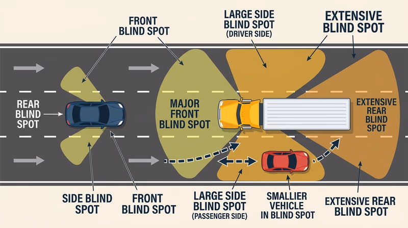 Top-down comparison diagram showing blind-spot zones around a passenger car and a large truck during a lane change