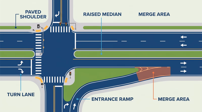 Overhead roadway safety diagram showing a median, shoulders, turn lane, crosswalk, and interstate-style entrance ramp