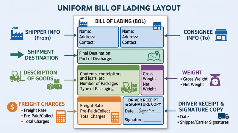 Clean sample bill of lading layout with major fields visually highlighted such as shipper, consignee, destination, weight, freight charges, and driver receipt copy