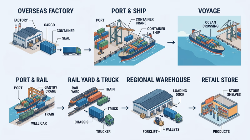 Simple step-by-step intermodal freight diagram showing an ocean container moving from factory to port, ship, rail yard, truck chassis, warehouse, and retail store