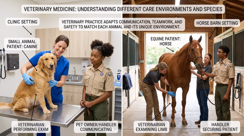 Split comparison showing a veterinarian examining a dog in a clinic and another veterinarian examining a horse at a barn