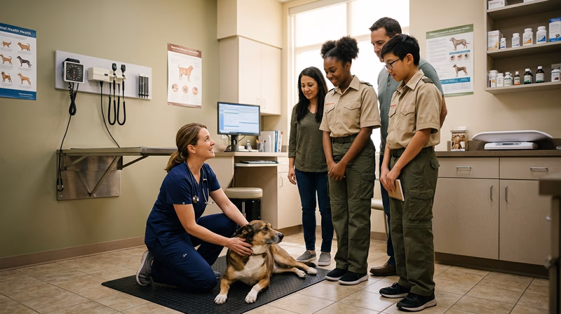 Veterinarian consulting with a family beside their dog in an exam room
