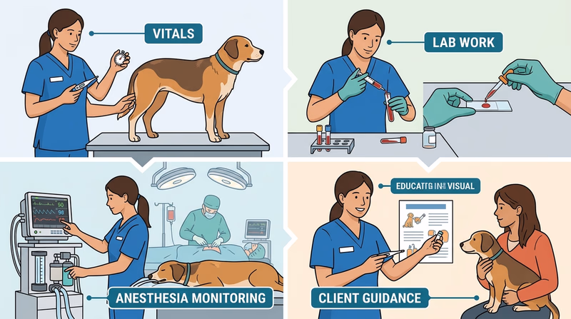 Diagram collage showing a veterinary technician taking vital signs, preparing lab samples, monitoring anesthesia, and guiding a pet owner