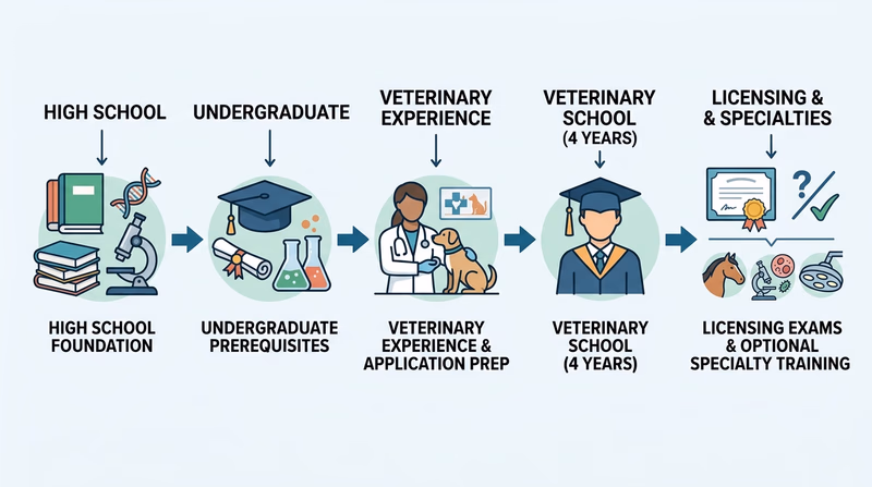 Diagram showing the training path from high school science courses to college prerequisites, veterinary school, and licensing