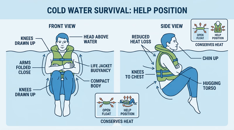 Rider floating in the HELP position while wearing a life jacket in cold water