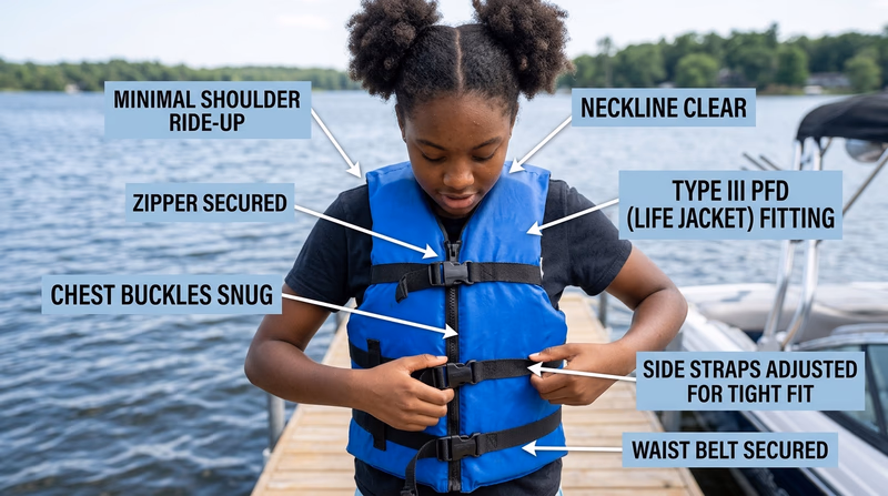 Rider checking zipper, buckles, and shoulder fit on a Type III water-sports life jacket
