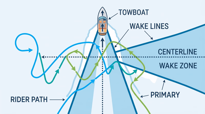 Top-down diagram showing a rider starting outside the wakes, crossing both wakes, and returning to center repeatedly