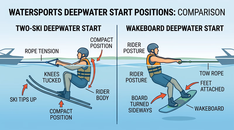 Side-by-side comparison of a rider starting on two skis and another rider starting on a wakeboard