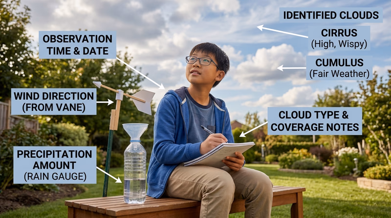 Backyard weather observation setup with homemade instruments and a notebook for daily logging