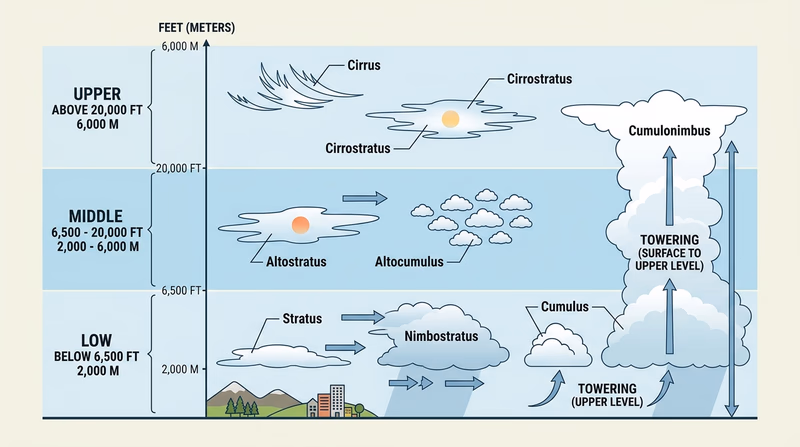 Cloud family chart showing common cloud types by altitude band