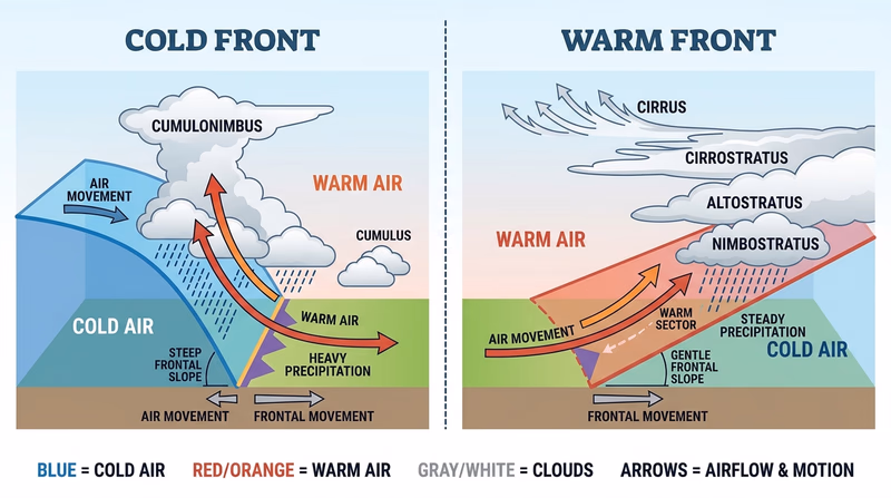 Side-by-side cross sections of a cold front and a warm front showing air movement, clouds, and precipitation