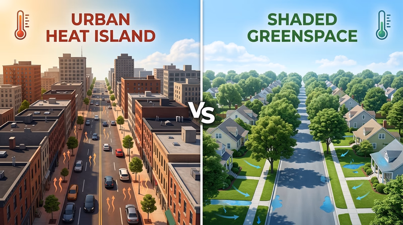 Comparison of a paved city block and a tree-covered neighborhood showing heat and runoff differences
