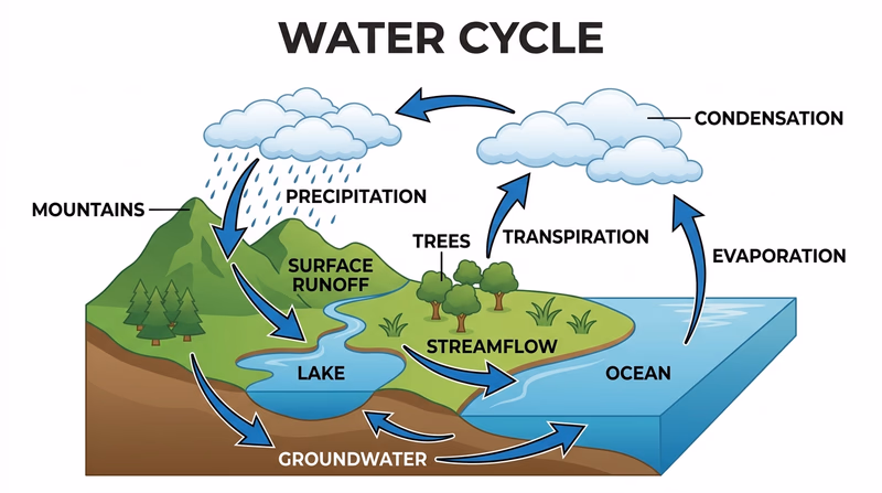 Labeled water cycle diagram showing evaporation, condensation, precipitation, runoff, and groundwater