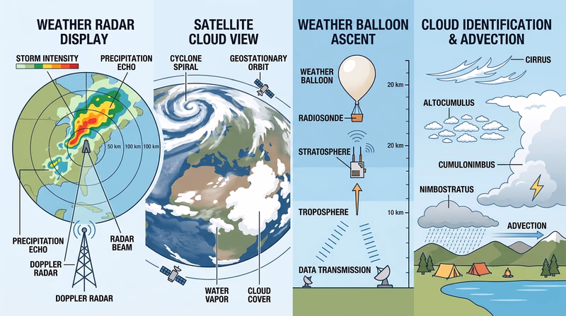Educational diagram collage showing radar, satellite imagery, a weather balloon, and clouds over a campsite