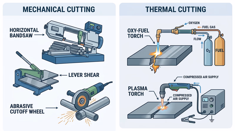 Mechanical cutting tools and thermal cutting torch and plasma examples shown side by side with labeled differences