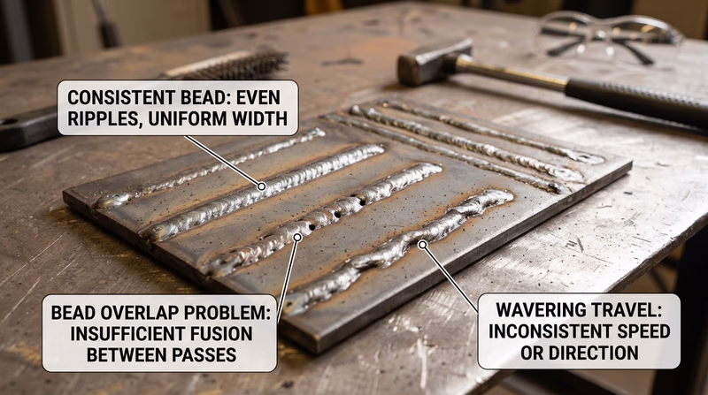 Small steel practice plate covered with evenly spaced weld beads and labeled examples of consistent spacing versus common beginner mistakes