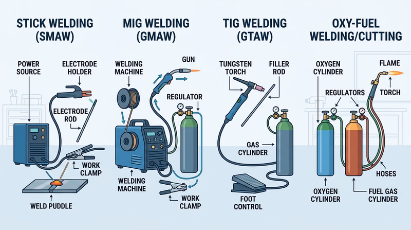Side-by-side comparison of stick, MIG, TIG, and oxy-fuel setups with the major parts labeled