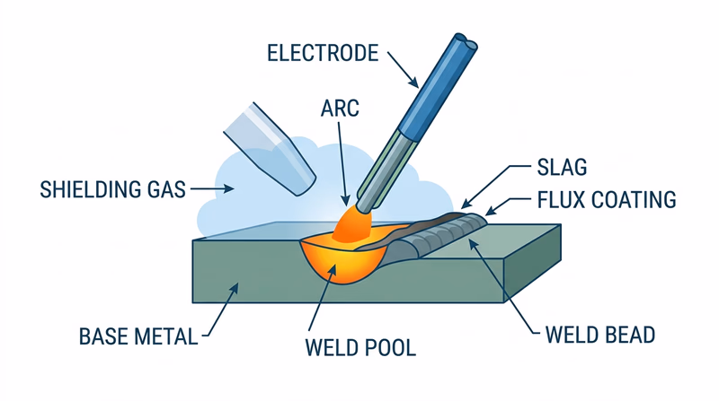 Diagram of a weld pool showing base metal, electrode, filler metal, shielding gas or flux, slag, and cooling bead
