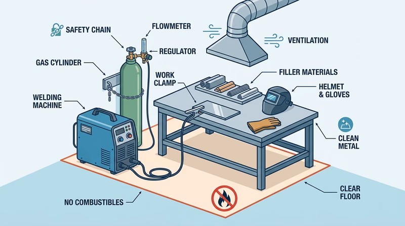 Welding station laid out for inspection with machine, secured cylinder, regulator, work clamp, cables, filler material, and ventilation labeled