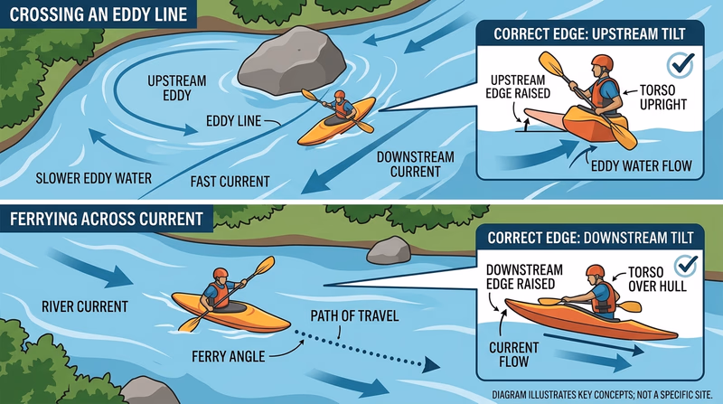 Two-panel diagram showing correct boat edge for an eddy line crossing and a ferry
