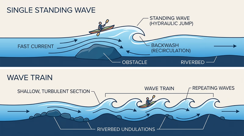 Side-by-side diagram comparing one standing wave with a wave train over a longer shallow stretch