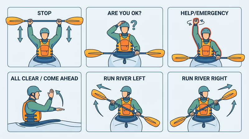 Six-panel diagram showing the universal whitewater river signals with paddle and arm positions