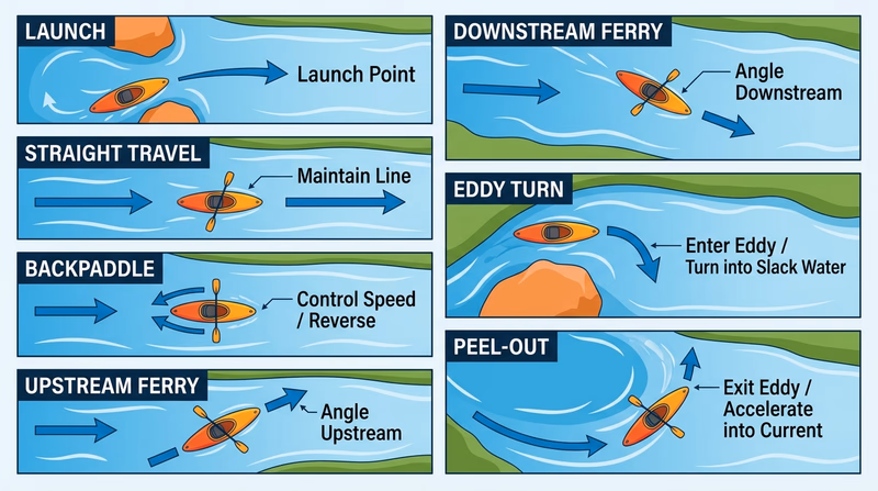Diagram sequence showing launch, straight travel, backpaddle, upstream ferry, downstream ferry, eddy turn, and peel-out