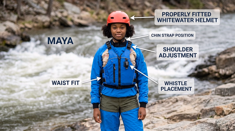 Scout wearing a properly fitted whitewater helmet and life jacket with labeled fit points and whistle placement