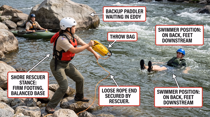 Instructional rescue image showing a throw-rope rescue from shore to a swimmer in current