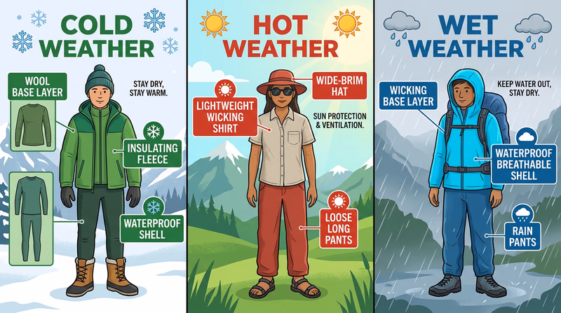 Three layering systems compared: cold weather, hot weather, and wet weather