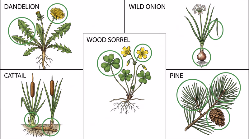 Grid of five common edible plants (dandelion, wild onion, wood sorrel, cattail, pine) with labeled identification features: leaf shape, flower type, growth habitat, and edible parts highlighted