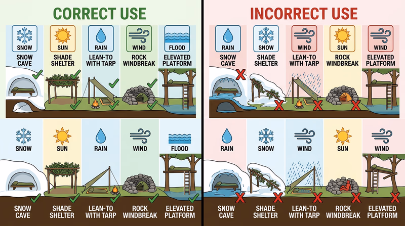 Five shelter types matched to their weather conditions: snow, sun, rain, wind, and water