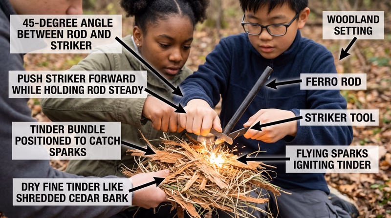 Annotated photo of ferro rod striking technique showing 45-degree rod angle, scraper direction, spark shower onto tinder bundle, and hand positions