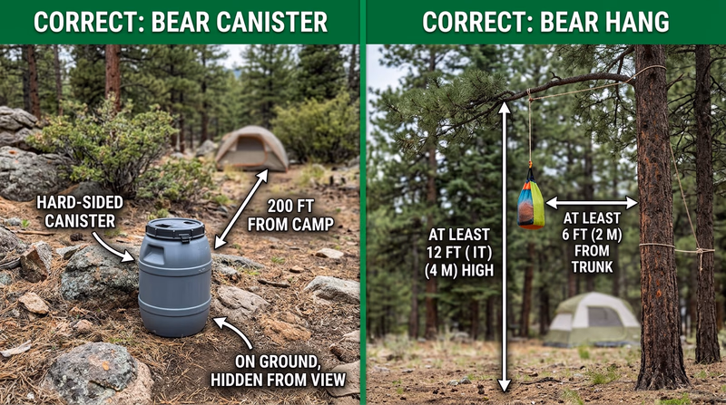 Bear canister vs bear hang food storage methods with height and distance measurements labeled