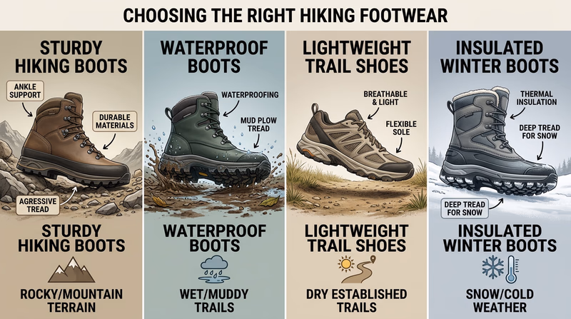 Four types of hiking footwear matched to terrain type