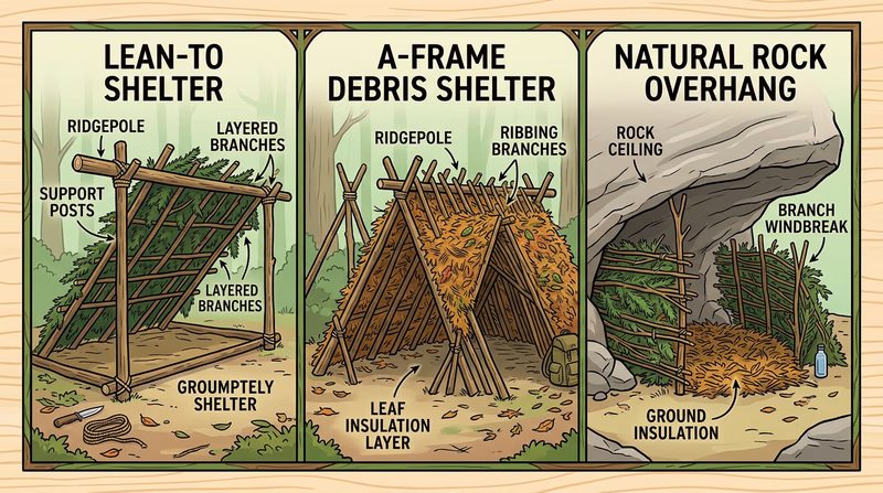 Three forest shelter types in cross-section: lean-to, A-frame debris shelter, and rock overhang with labeled construction details
