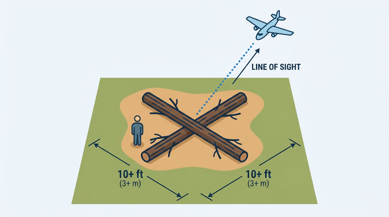 Bird's-eye view of a large X signal on open ground with measurement annotations showing 30-40 foot arms, contrast against terrain, and altitude visibility ranges for helicopters and fixed-wing aircraft