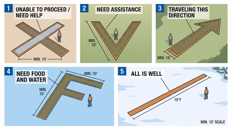 Five standard ground-to-air signal symbols (X, V, arrow, F, checkmark) with their meanings labeled, shown at scale against a clearing background