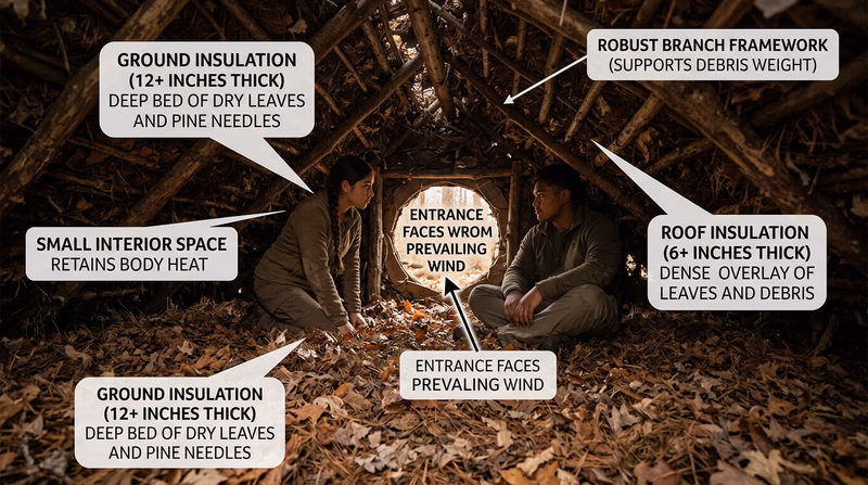 Annotated interior of a completed debris shelter showing labeled survival features: thick leaf bedding, insulation layers, ridgepole, and entrance orientation