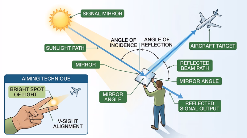 Step-by-step signal mirror aiming technique showing sun position, mirror angle, sighting hole alignment, and reflected beam path to aircraft target
