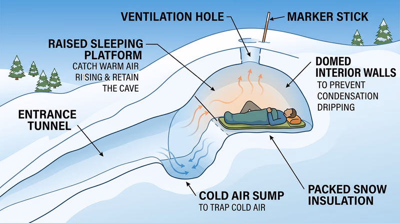 Cross-section of a snow cave showing entrance tunnel, raised sleeping platform, ventilation hole, and cold air sump