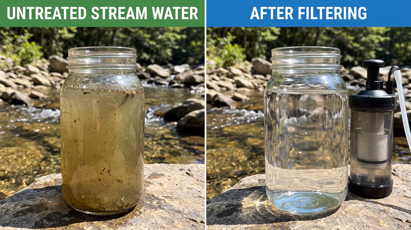 Before and after water filtration comparison: murky brown water on left, clear filtered water on right, with filter device shown between them and labeled particle removal stages