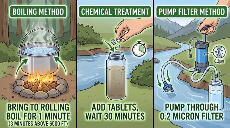 Side-by-side comparison of three water treatment methods (boiling, chemical tablets, filtration) with effectiveness ratings against bacteria, viruses, and parasites, plus weight, cost, and speed metrics