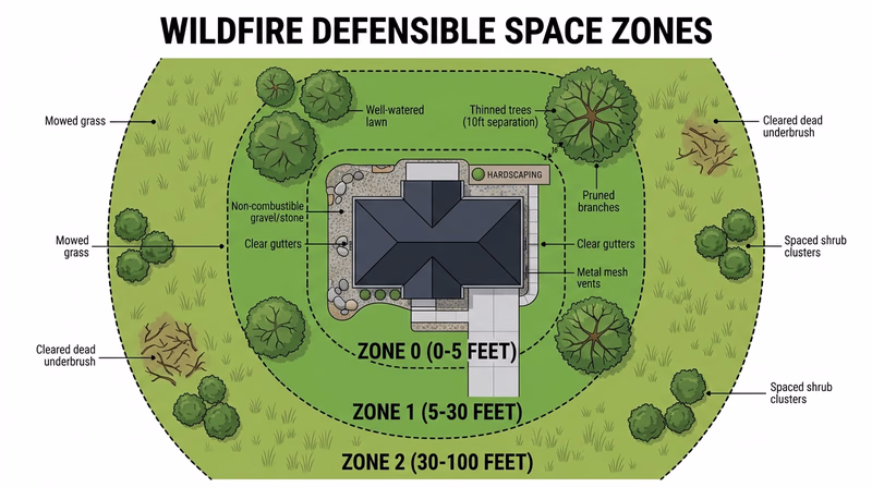 Labeled diagram showing Zone 0 (0-5ft), Zone 1 (5-30ft), and Zone 2 (30-100ft) around a residential home