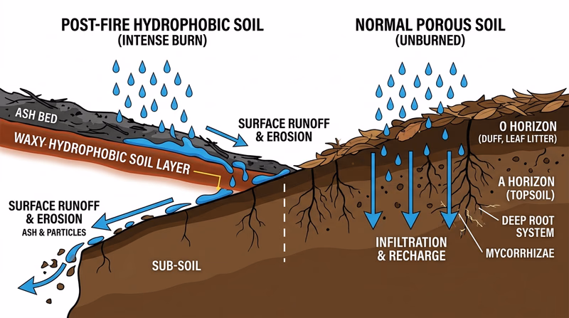 Cross-section diagram contrasting water infiltration in normal porous soil with surface runoff and erosion on severe hydrophobic soil