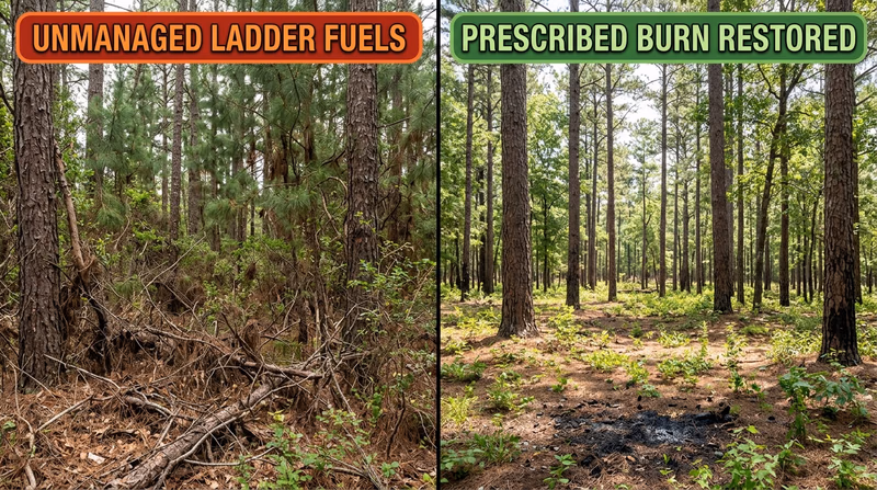 Side-by-side comparison of dense unmanaged forest with heavy ladder fuels versus open canopy forest restored by prescribed fire