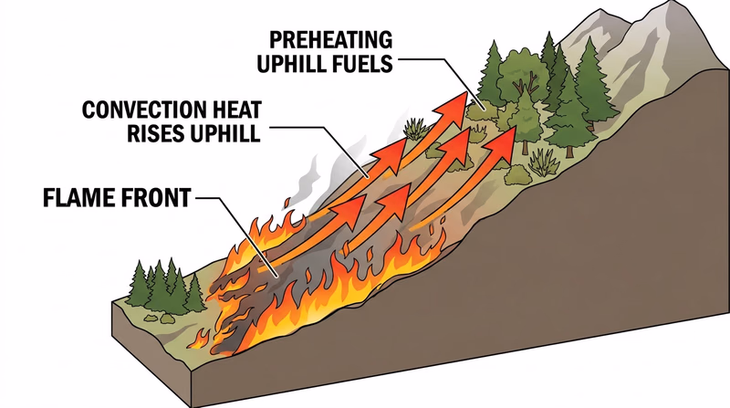Diagram showing heat convection and radiation preheating uphill fuels ahead of the flame front
