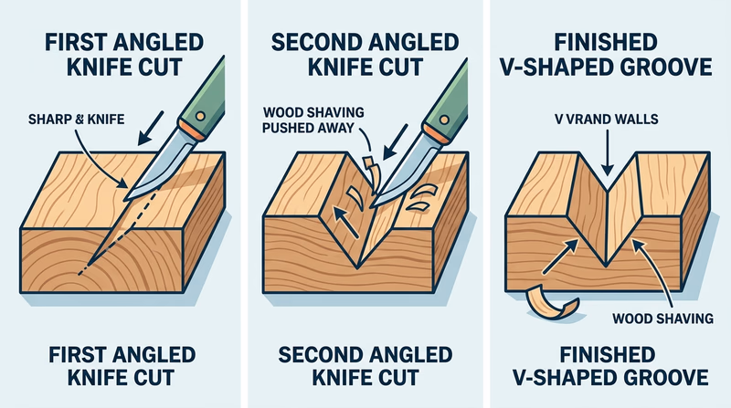 Step-by-step diagram showing two angled knife cuts meeting to form a clean V-shaped groove in wood